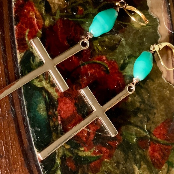 Handmade Crystal & Vint. Aqua Glass Bead Earrings - Picture 9 of 11